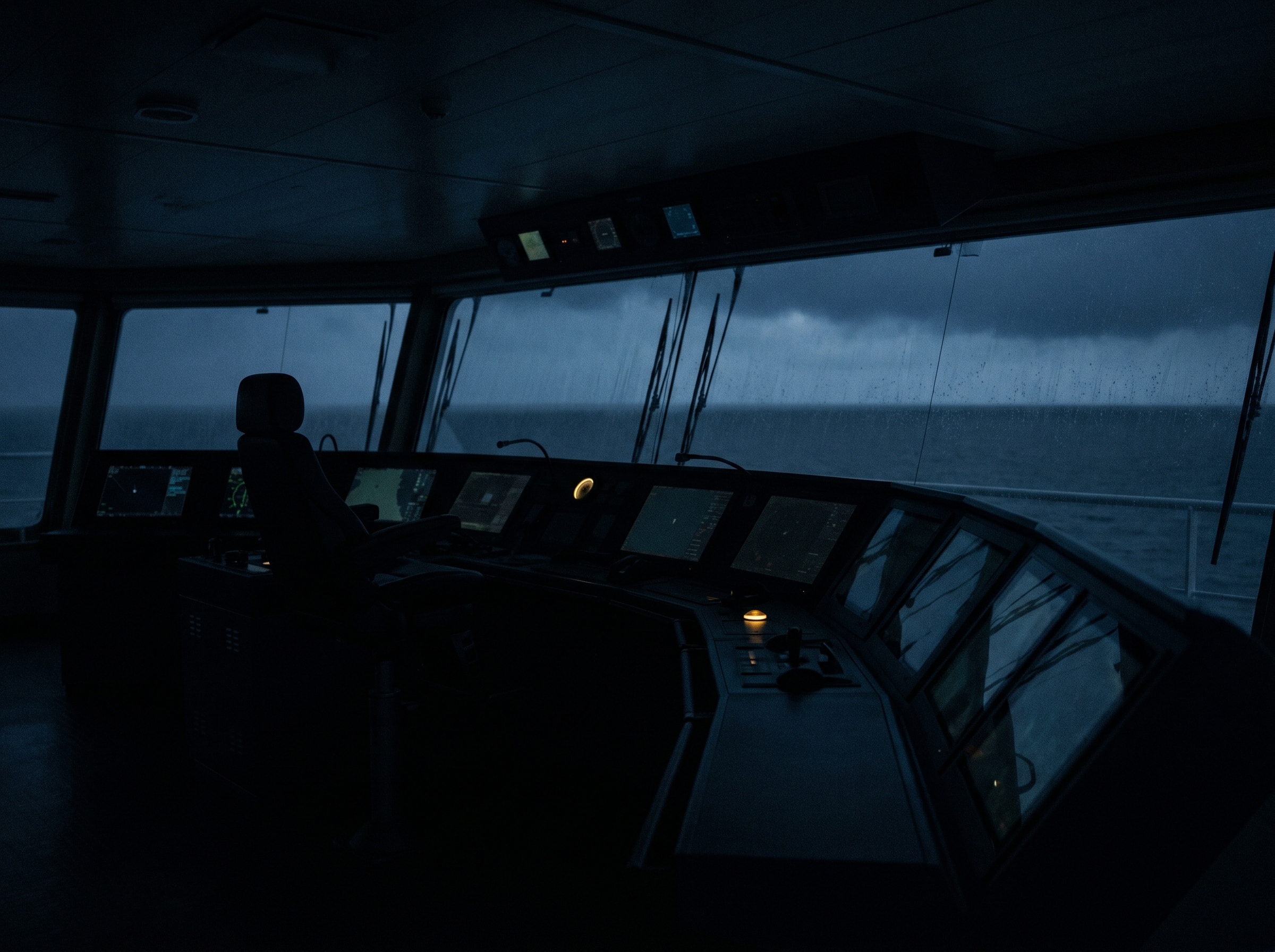 A dimmed ship's bridge at night, illuminated only by the soft glow of console screens