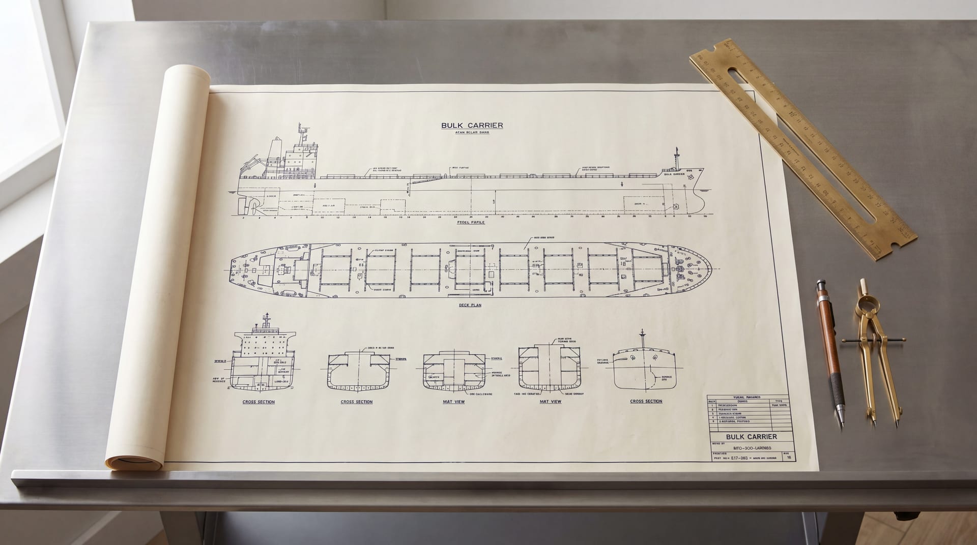 Cream paper bulk carrier general arrangement plan unrolled across a brushed-steel drafting table, brass parallel ruler and dividers laid alongside