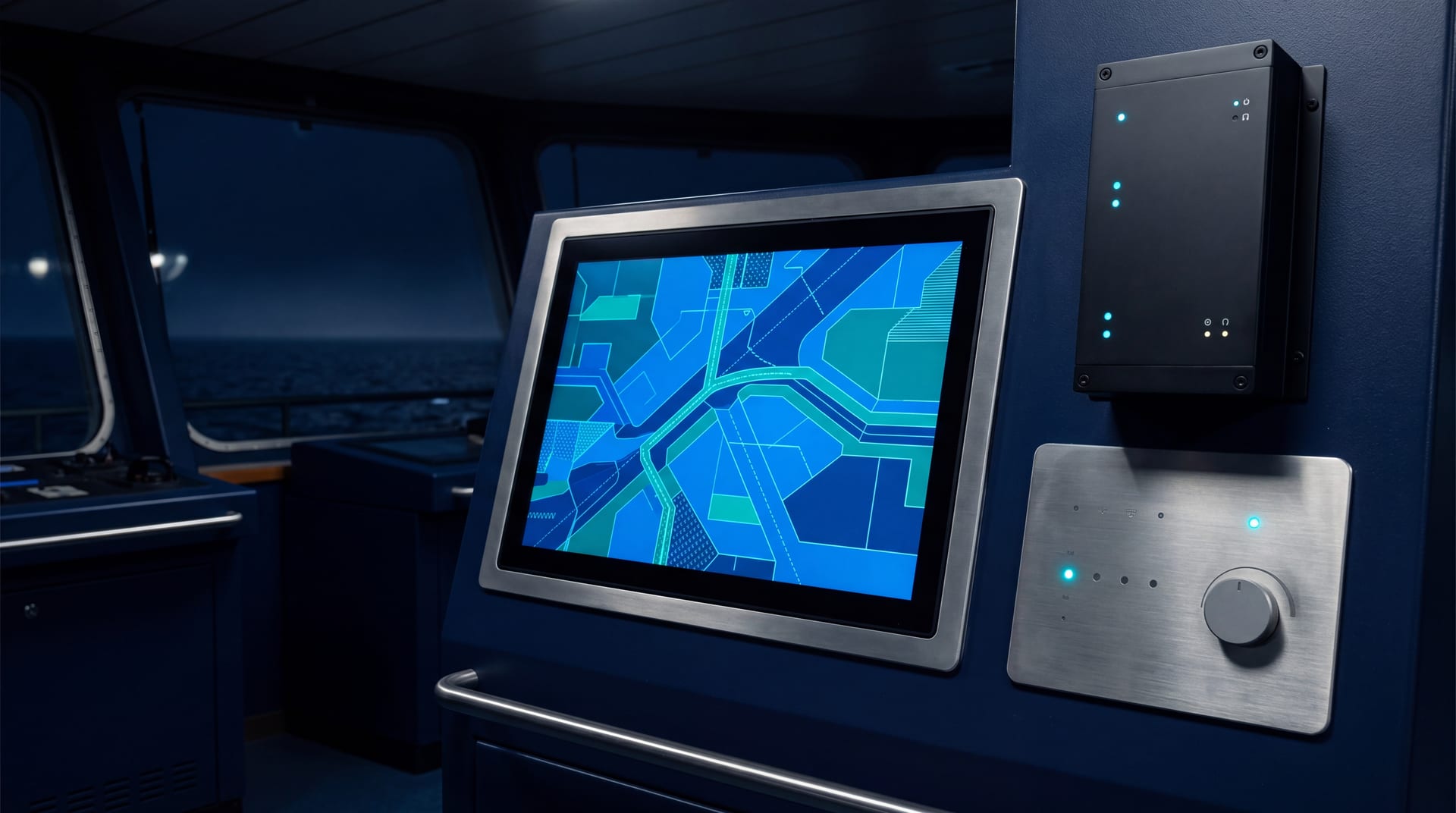 Modern vessel bridge electronics at night, screens washed in cobalt