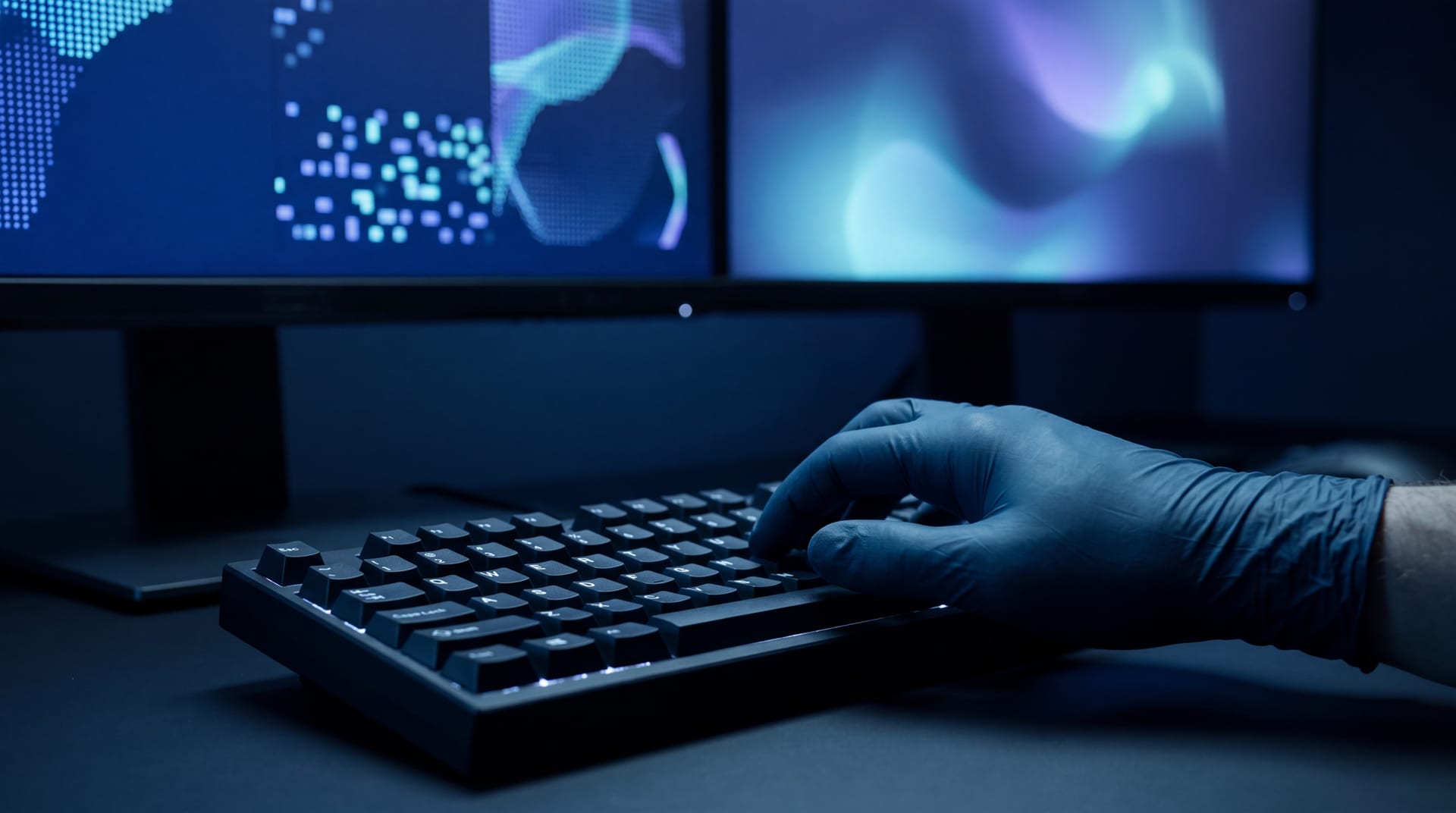 Operator typing at a security workstation under cool LED lighting