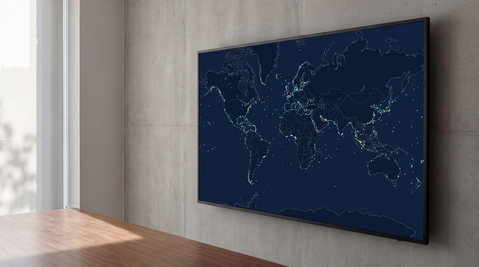 Large thin-bezel monitor showing a vessel-tracking AIS world map, hundreds of teal dots representing vessels at sea on a deep cobalt background